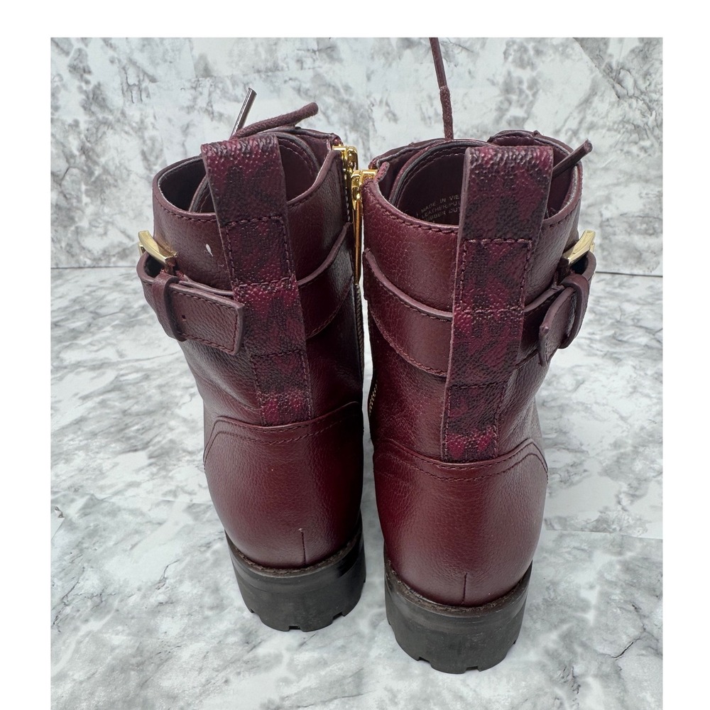 Michael Kors Burgundy Leather Lace Up Combat Boots Gold MK Logo Size 6.5M - Picture 5 of 10